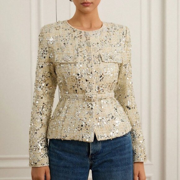 Beige Party Women's sequin detailed tweed belted blazer